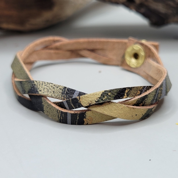 Gold and Black Leather Wrap Bracelet - Picture 1 of 4